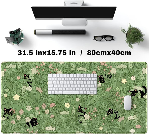 Green Desk Mat XL Cat Cute Plant Cool Desk Pad Keyboard Mat Kawaii Black Cat Flower Mouse Pad Green Desk Mat Desk Decor with Stitched Edges