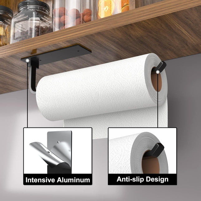 Paper Towel Holder - Self-Adhesive or Drilling, Matte Black, Upgraded Aluminum Kitchen Roll Dispenser under Cabinet, Lig