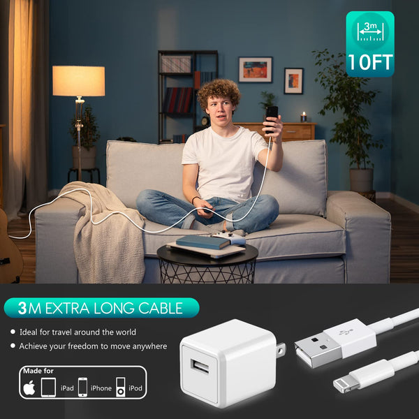Iphone Charger [Mfi Certified] Long 2 Pack 10FT Lightning Cable Cube Iphone Charging Transfer Cord Cable with USB Plug Wall Charger Block Travel