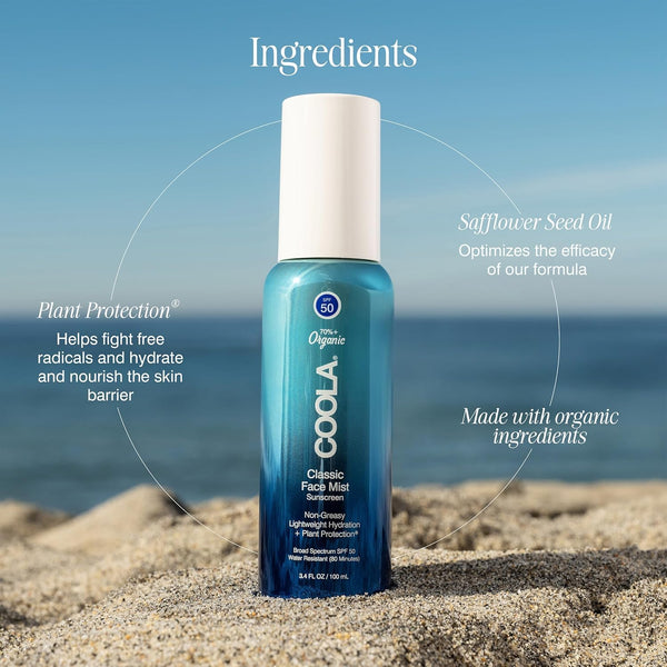 COOLA Organic Sunscreen SPF 50 Sunblock Face Mist, Dermatologist Tested Skin Care for Daily Protection, Vegan and Gluten Free, Natural Fragrance,