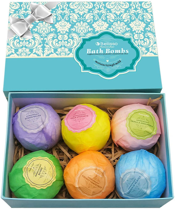 Bath Bombs Gift Set - 6 XXL Bubble Bath Fizzies (4.1 Oz Each) with Natural Dead Sea Salt Cocoa and Shea Essential Oils - Best Gift Idea for