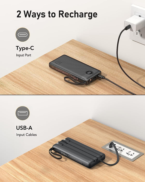VEEKTOMX Portable Charger with Built-In Cables 10000Mah Power Bank for Iphone Slim Fast Charge USB C Battery Pack Travel Essentials Powerbank
