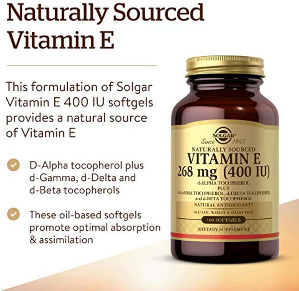 Solgar Vitamin E 268 MG (400 IU) (D-Alpha Tocopherol & Mixed Tocopherols), 100 Softgels - Supports Immune System & Skin Nutrition - Natural