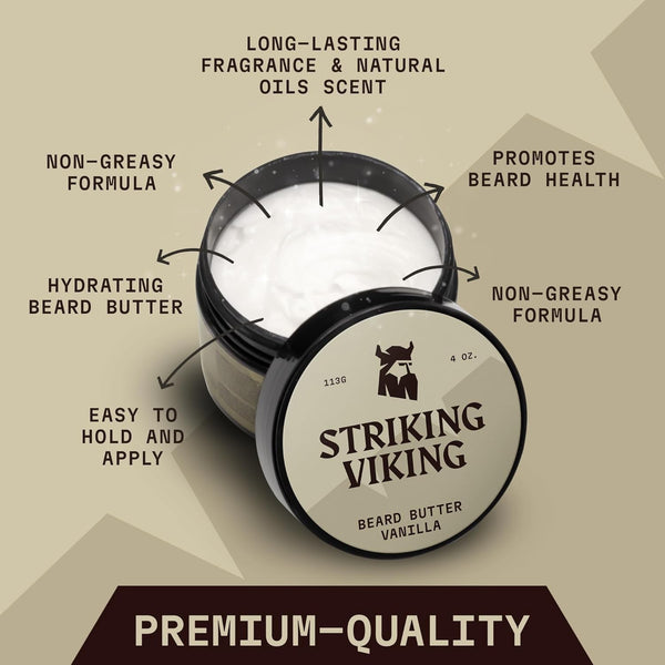 Striking Viking Beard Butter - Non-Greasy Moisturizer with Natural Ingredients (Vanilla, 4Oz) - Keep Your Beard Hydrated and Refreshing