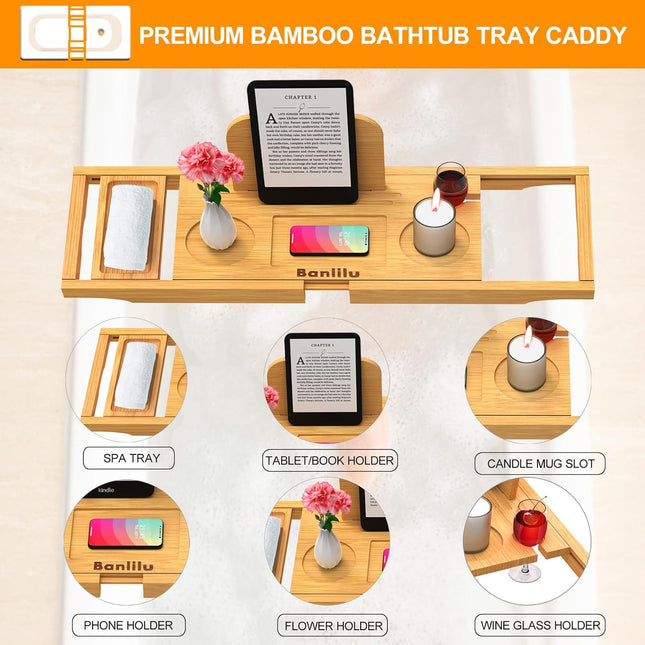 Premium Bamboo Bathtub Tray Caddy - Bath Tub Tray Table for Bathtub - Bath Caddy Tray for Bathtub, Expandable Size, Fits