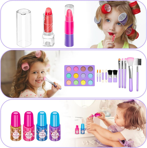 Hollyhi 58 Pcs Kids Makeup Kit for Girl, Princess Toys Real Washable Cosmetic Set with Mirror, Kids Makeup Sets for Girls, Play Make up Birthday
