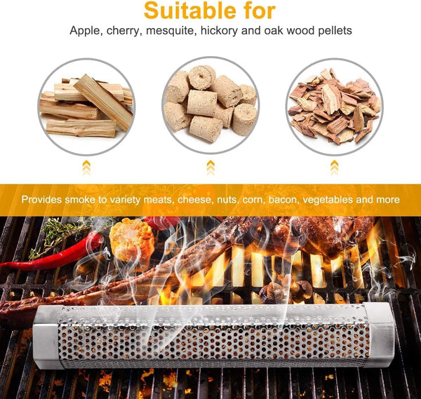 Pellet Smoker Tube, 1 Pack 12'' Smoker Tube with Brush, Premium Stainless Steel, 5 Hours of Billowing Smoke Tube Smoker for All Grill, Smoker,