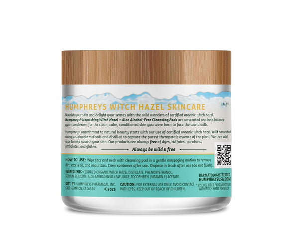 Humphreys Witch Hazel Nourishing Cleansing Pads | Wild Harvested Witch Hazel & Aloe | Alcohol-Free | Natural | Hydrating | Biodegradable | 60 Pads