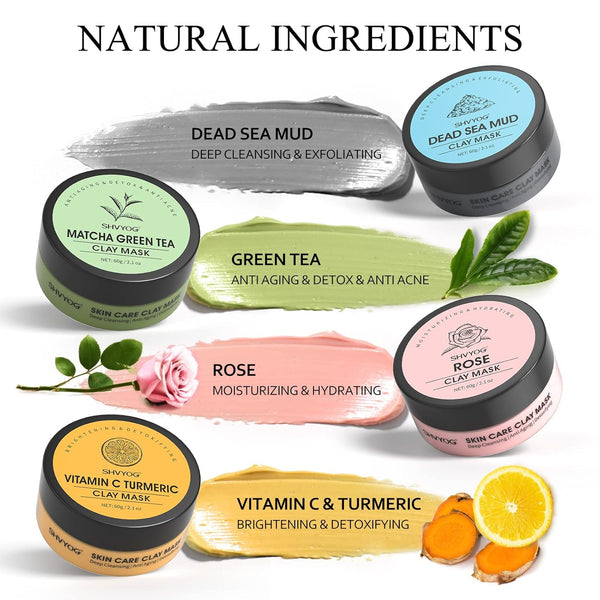 4 Pcs Clay Facial Mask Set - Turmeric, Vitamin C, Green Tea, Dead Sea Mud, and Rose Clay Skin Care Mask for Deep Cleansing, Moisturizing, and