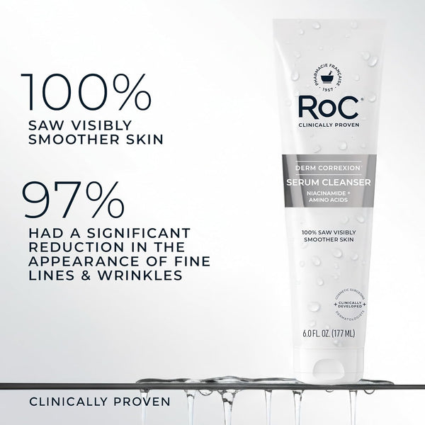 Roc Retinol Correxion Deep Wrinkle Serum Facial Cleanser with Niacinamide for Anti-Aging and Fine Lines, Long-Wear Makeup Remover, Fragrance Free