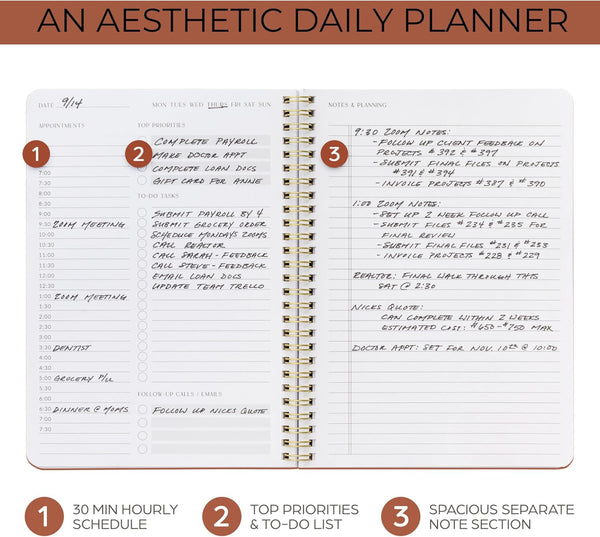 Beautiful Daily Planner and Notebook with Hourly Schedule - Aesthetic Spiral to Do List Notepad to Easily Organize Your Tasks and Appointments -