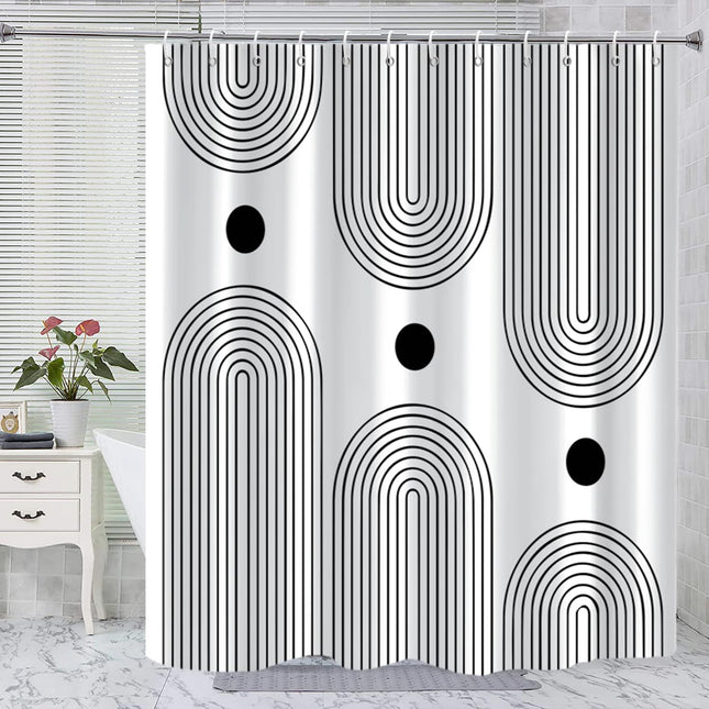 White and Black Shower Curtain, Boho Minimalist Mid Century Modern Arch Geometric Machine Washable Waterproof Fabric for