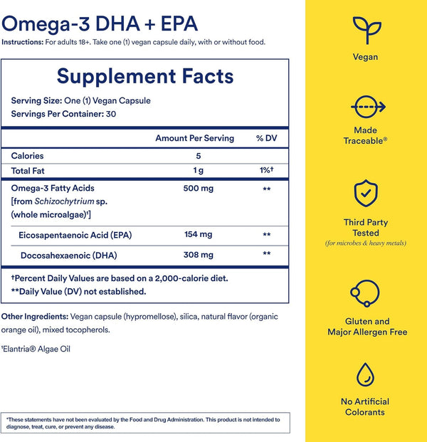 Ritual Omega 3 - Vegan - Science-Backed Dose of DHA & EPA Fatty Acids in 2:1 Ratio, Bioavailable, Brain and Heart Health Support, Minimal