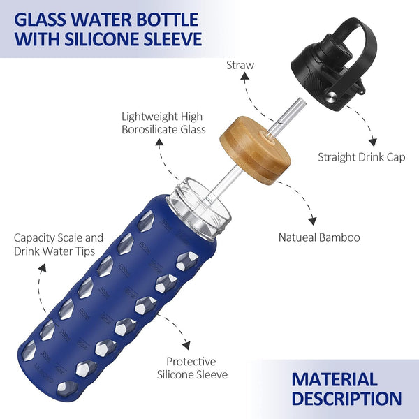 MUKOKO 24Oz Glass Water Bottle with 2 Lids-Handle Flip Lid&Bamboo Straw Lid,Motivational Water Tumbler with Time Marker Reminder and Silicone
