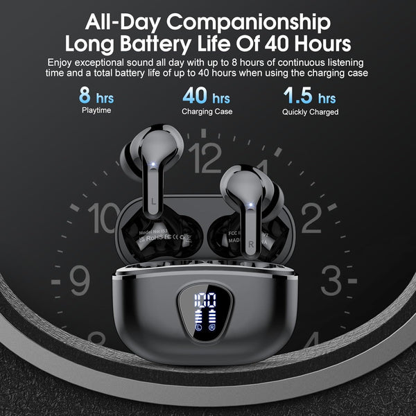 Wireless Earbuds Bluetooth 5.3 Headphones, 40H Playback Hifi Stereo Ear Buds with LED Display, ENC Noise Cancelling Earbuds, IP7 Waterproof In-Ear