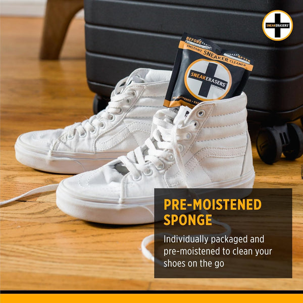 Sneakerasers Instant Sneaker Cleaner Sponge, Effective Shoe Cleaning for White Sneakers, Tennis Shoes - Pre-Moistened, Portable Shoe Cleaner,