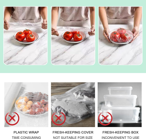 Plastic Bowl Covers Reusable, Food Cover for outside Pack of 200, Fresh Keeping Bags, Plastic Wrap Stretch with Elastic for Outdoor Picnic, Kitchen