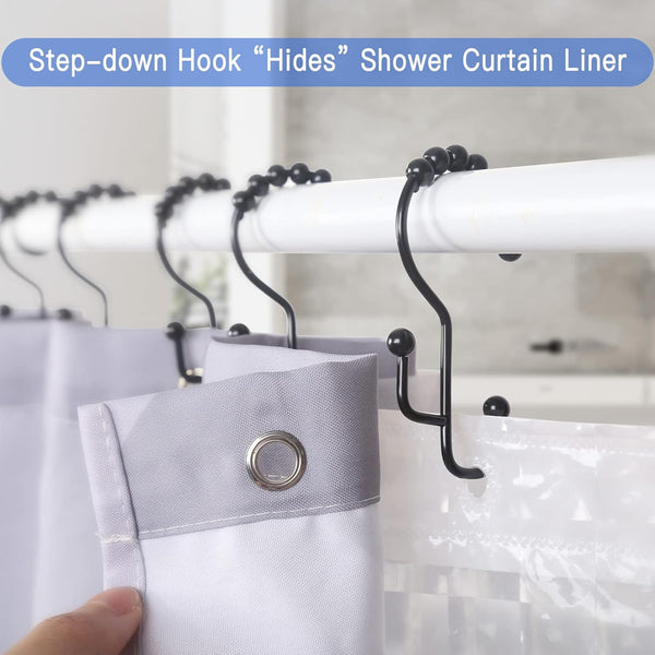 Shower Curtain Hooks, 12 Pcs Double Shower Curtain Hooks Rings, Black Shower Curtain Hooks Rust Proof, Stainless Steel Bathroom Shower Hooks for