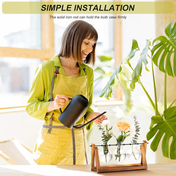 XXXFLOWER Plant Terrarium with Wooden Stand, Air Planter Bulb Glass Vase Metal Swivel Holder Retro Tabletop for Hydroponics Home Garden Office