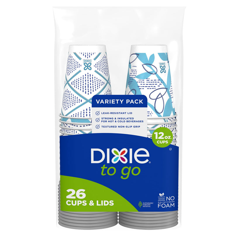 Dixie to Go Medium Paper Coffee Cups with Lids, 12 Oz, 26 Count, Disposable Cups for On-The-Go Hot Beverages