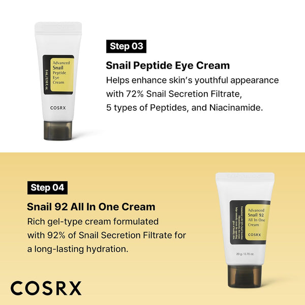 COSRX All about Snail Mucin Korean Skin Care Set, Mini Travel Essentials, Travel Size Gift Set with Snail Mucin Face Wash, Serum, Moisturizer &