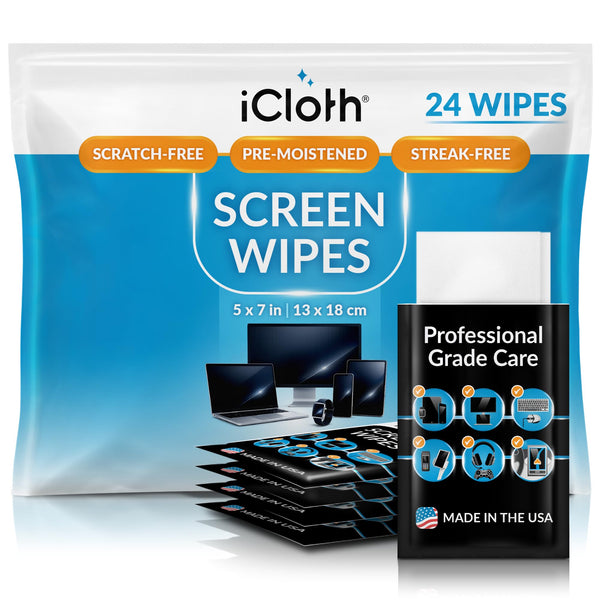 Icloth Large Screen Cleaning Wipes for Electronics, Lint-Free and Streak-Free, Fast-Drying, Removes Dust, Fingerprints, and Smudges (24 Wipes)