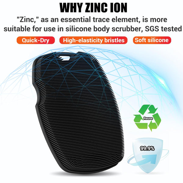 Silicone Body Scrubber - Zinc Infused-Highly Elastic Bristles Exfoliating Body Scrubber for Shower Body,Cellulite Reduction,Blood Circulation - Black