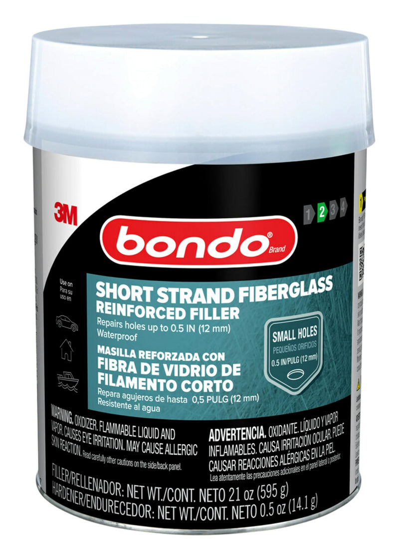 3M Bondo Short Strand Fiberglass Reinforced Filler 21 Oz (595.34 G) with Bondo Cream Hardener 0.5 Oz (14G), Repair Holes up to 0.5 IN, Waterproof