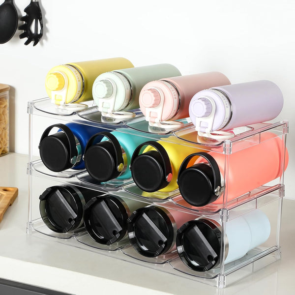 LARGER Compartment - 3 Tier Stackable Water Bottle Organizer Holder - for Stanley 40Oz & Others' Large Tumbler - Clear Wine Rack, 12 Cup Bottle