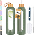 Glass Water Bottles 32 Oz - Motivational Drinking Glass Water Bottle with Silicone Sleeve, Straw & 2 Bamboo Lids - 1 Liter Clear Borosilicate