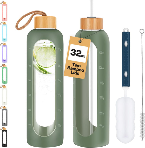 Glass Water Bottles 32 Oz - Motivational Drinking Glass Water Bottle with Silicone Sleeve, Straw & 2 Bamboo Lids - 1 Liter Clear Borosilicate