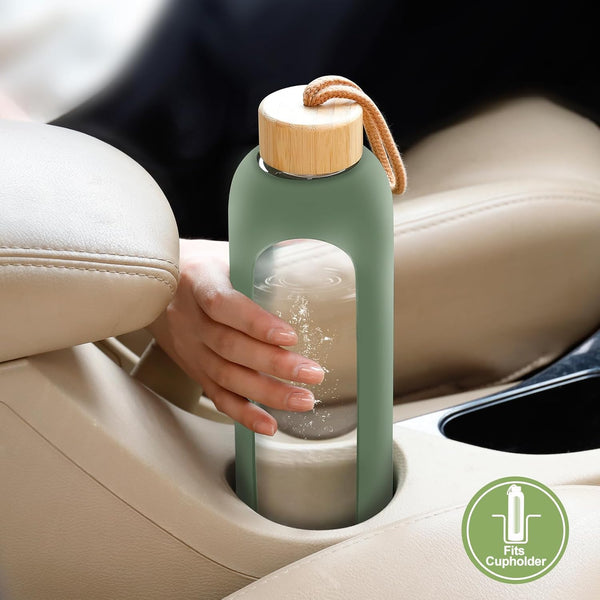 Glass Water Bottles 32 Oz - Motivational Drinking Glass Water Bottle with Silicone Sleeve, Straw & 2 Bamboo Lids - 1 Liter Clear Borosilicate