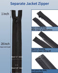 Wavebeexs 28 Inch Jacket Zipper - 3 Piece Black Plastic Coat Separating Zipper for down Jacket, Sweatshirt, Parka and More