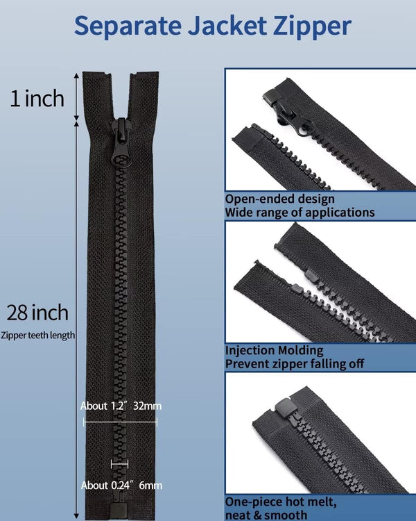 Wavebeexs 28 Inch Jacket Zipper - 3 Piece Black Plastic Coat Separating Zipper for down Jacket, Sweatshirt, Parka and More