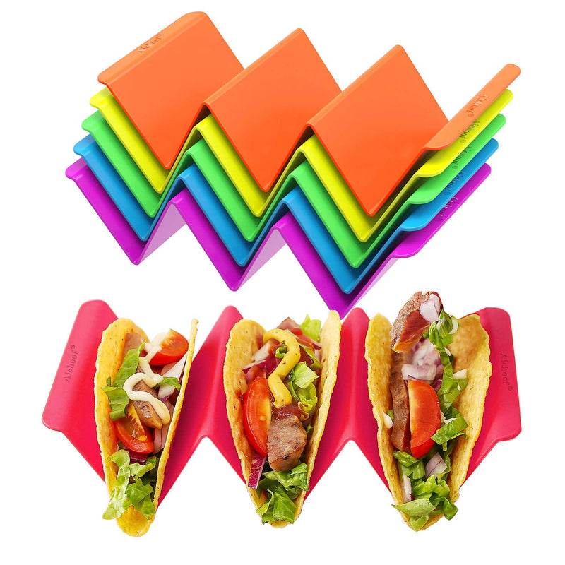 Aichoof Colorful Taco Holder Stands Set of 6 - Premium Large Tray Plates Holds up to 3 or 2 Tacos Each, PP Health Material Very Hard and Sturdy,