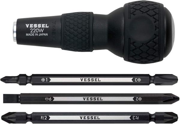VESSEL BALL GRIP 1/4" Hex. Bit Interchangeable Screwdriver (Bit 3PC. (+1, +3 / +2, -6 / PZ2, PZ3) SET. 220W3J1)