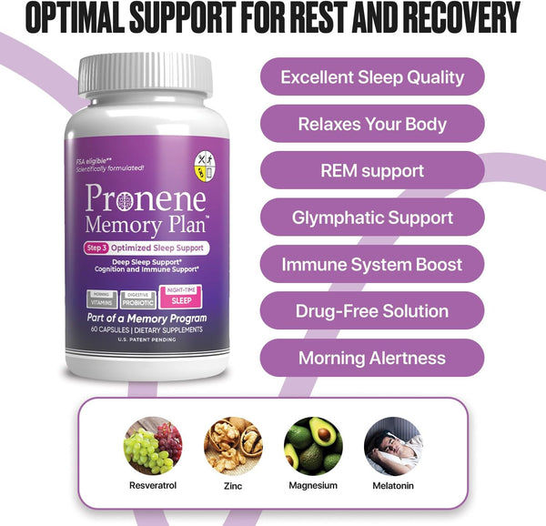Pronene Memory Plan Optimized Sleep Support | Dietary Supplement W/Melatonin, Resveratrol, Magnesium & Zinc | Supports Immunity & Inflammation