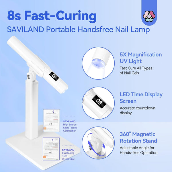 SAVILAND Mini U V Light for Nails - Cordless Handheld U V Lamp with Portable Stand, Handsfree LED Gel Nail Lamp Portable Nail Dryer for Curing Gel