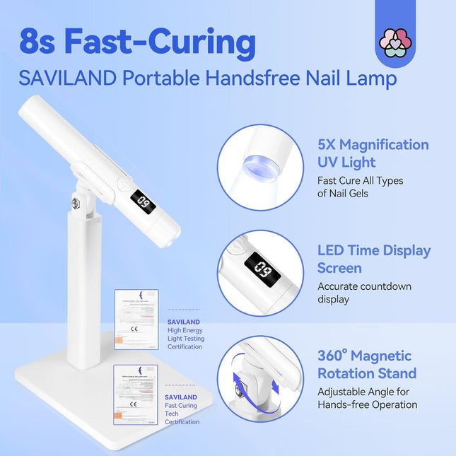 SAVILAND Mini U V Light for Nails - Cordless Handheld U V Lamp with Portable Stand, Handsfree LED Gel Nail Lamp Portable