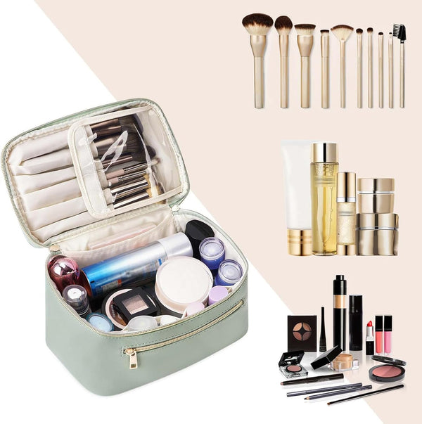 Wandering Nature Makeup Bag, Travel Make up Organizer Cosmetic Brush Bags Case for Women in Vegan Leather, Sage Green, Patent Pending