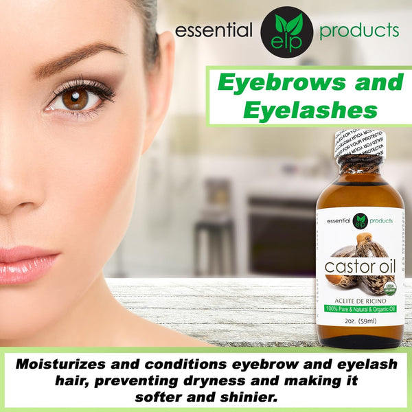 ELP Pure Organic Castor Oil - Promotes Hair, Eyebrow and Eyelash Growth - Diminishes Wrinkles and Signs of Aging - Hydrates and Nourishes Skin -
