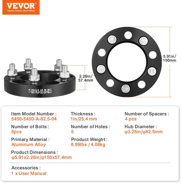 VEVOR Wheel Spacers, 1" Thick 5X4.5 Wheel Adapters, 5 Lug 5 X 114Mm Forged Spacers, 82.5 Mm Bore Hubcentric 1/2"-20 Studs, Fit for 1984-2013 Jeep