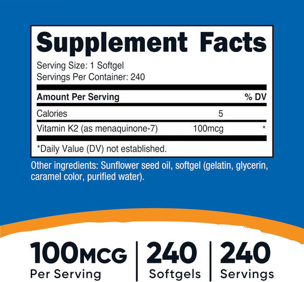 Nutricost Vitamin K2 MK-7 100 Mcg, 240 Softgels - Gluten Free and Non-Gmo MK7