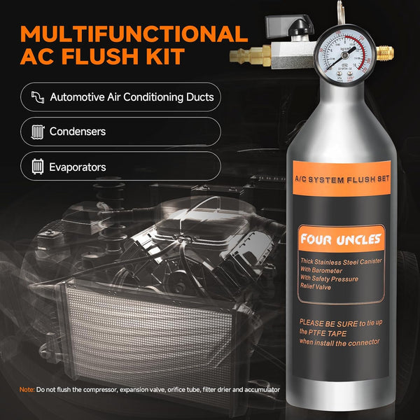 FOUR UNCLES AC Flush Kit - Air Conditioner System Cleaning Tool Set with Stainless Steel Canister and Nylon Hose & Flushing Spray Gun for R134A