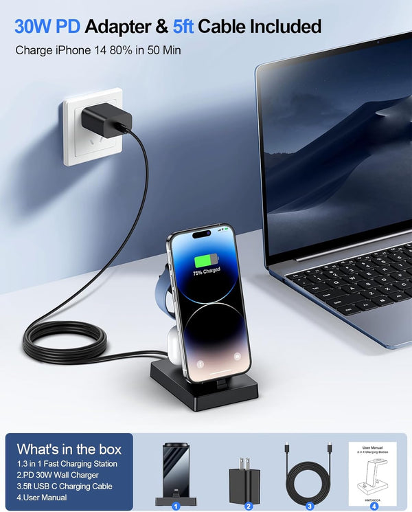 Charging Station for Multiple Devices - ADADPU 3 in 1 Charger Stand for Apple Watch Series 8/7/6/5/4/3/2/SE Phone Charging Dock for Airpods Iphone