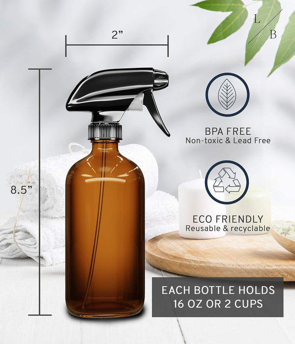 Liba Amber Glass Spray Bottles 2 Pack, 16 Oz Refillable Empty Spray Bottle for Cleaning, Essential Oils, Hair, Plants, Adjustable Nozzle for