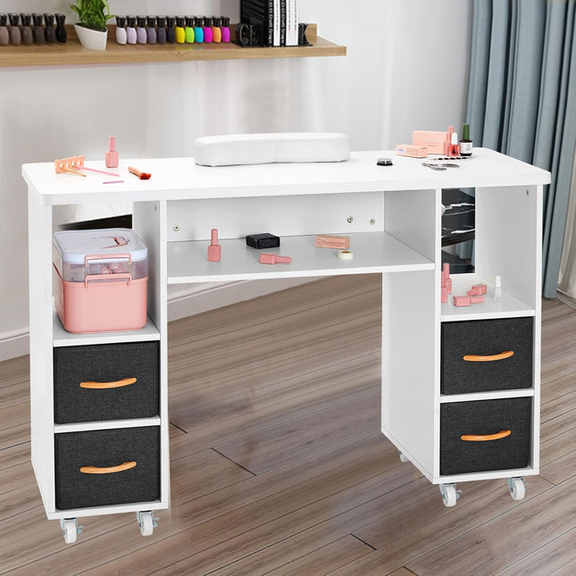 Artist Hand Nail Table, Manicure Table, Nail Tech Table Station, Wrist Cushion, Lockable Wheels, Fabric Storage Drawers,