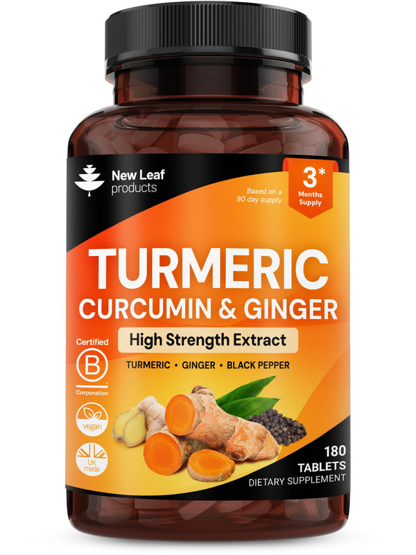 Turmeric Tablets with Black Pepper & Ginger - Curcumin - 180 Turmeric and Black Pepper Tablets (3 Month) High Strength Active Turmeric Supplements
