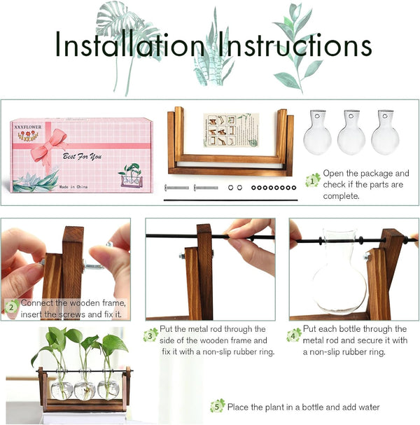 XXXFLOWER Plant Terrarium with Wooden Stand, Air Planter Bulb Glass Vase Metal Swivel Holder Retro Tabletop for Hydroponics Home Garden Office