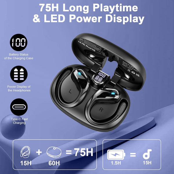 Wireless Earbud Bluetooth 5.4 Headphones 75Hrs Playtime, 2025 Bluetooth Earbuds Deep Bass Noise Cancelling Mic, over Ear Bud with Sport Earhooks,